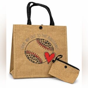 Baseball Jute Bag Leopard Print “Take Me Out to the Ballgame” Burlap Shopper